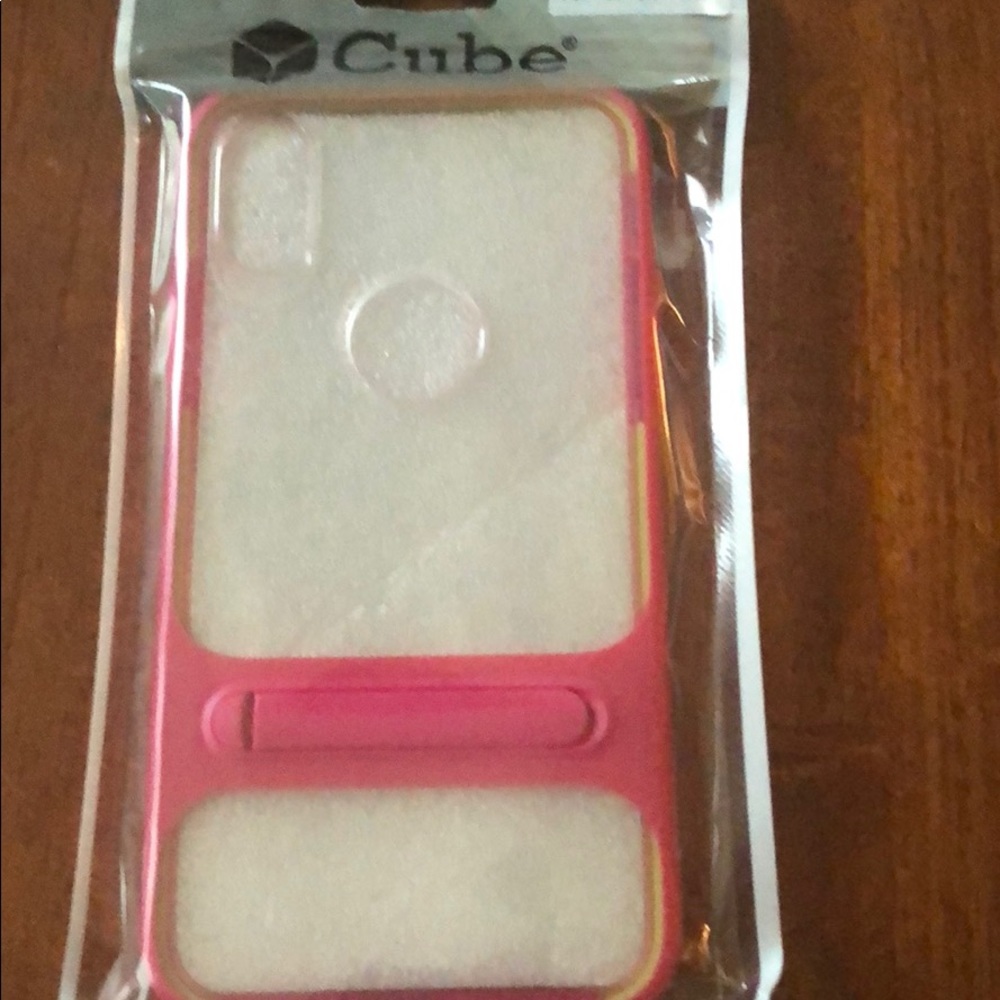 Pink iPhone case with video stand.